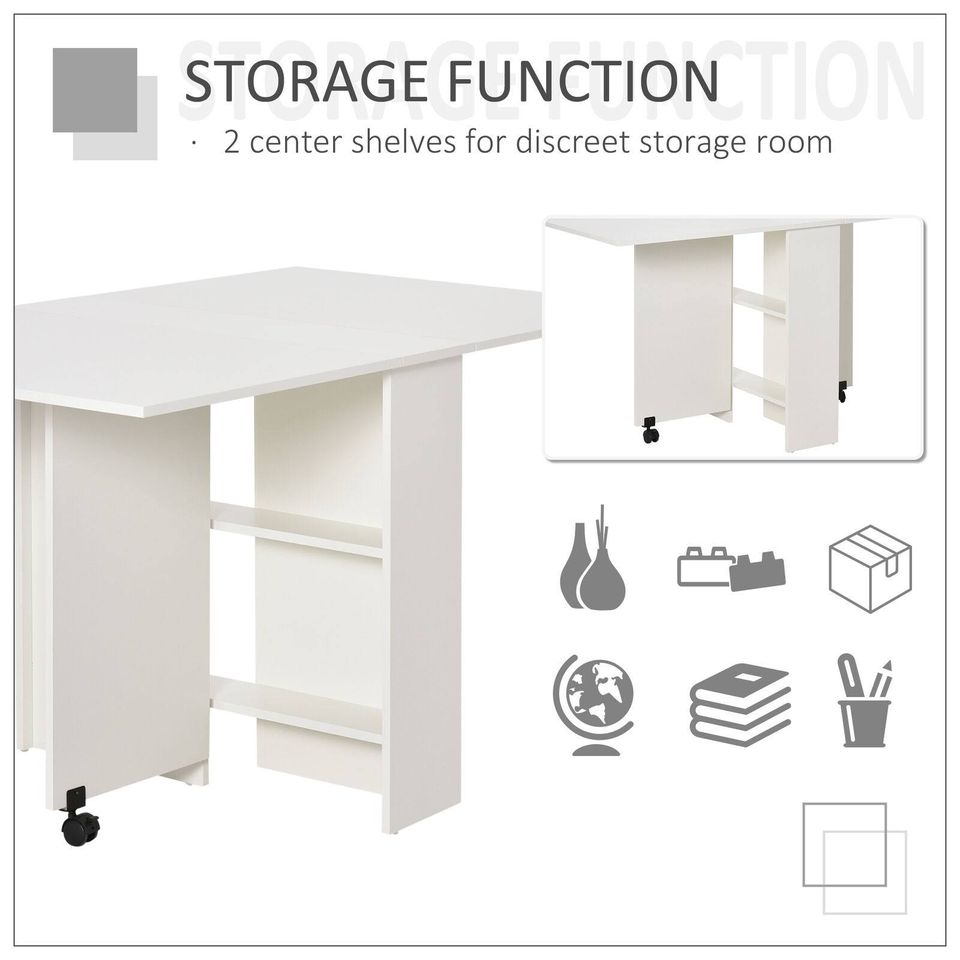 Dining Table Folding Desk Furniture w/ 2 wheels Storage Shelves, White