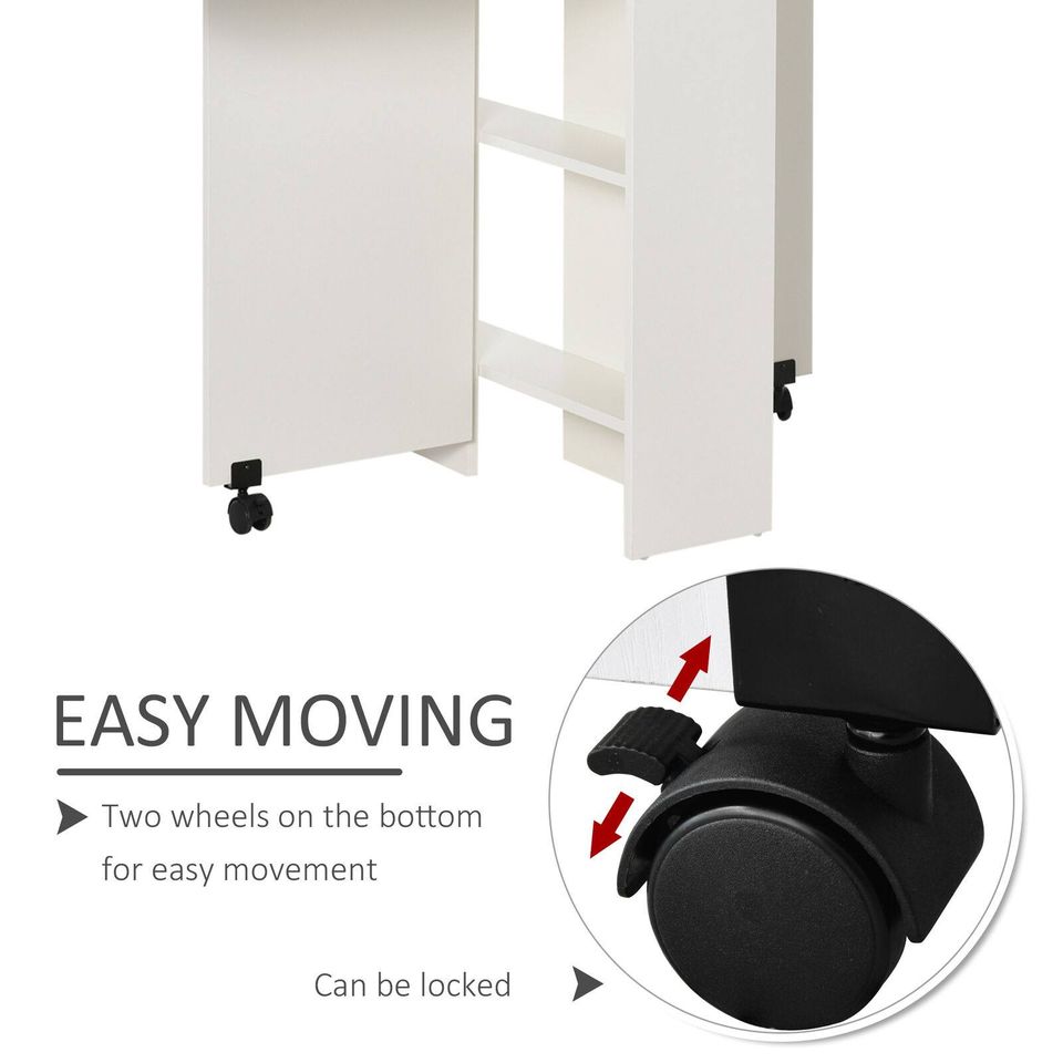 Dining Table Folding Desk Furniture w/ 2 wheels Storage Shelves, White