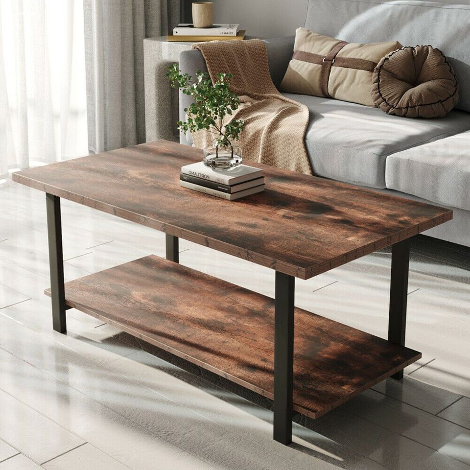 New Retro 2 Tier Rectangle Rustic Wood Coffee Table(m)