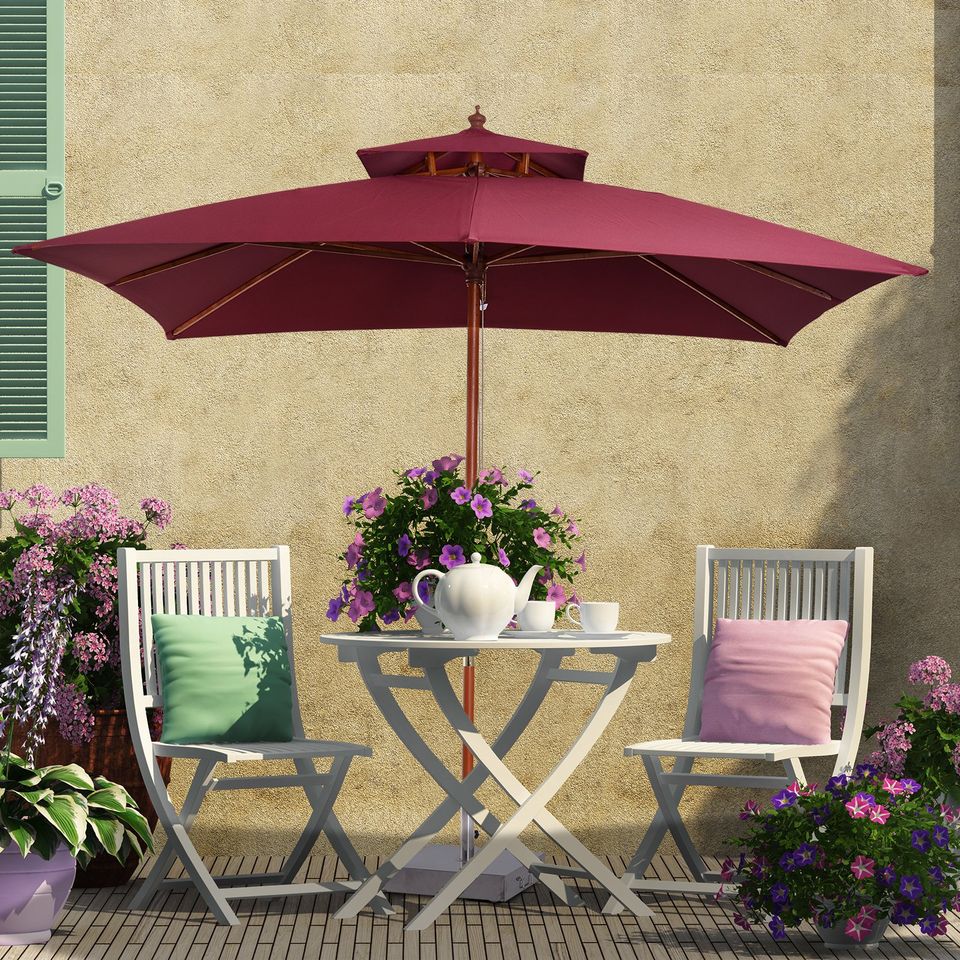 3x3m Patio Garden Sun Umbrella Sunshade Folding Bamboo Parasol W/ 2 Pulley in Red Wine