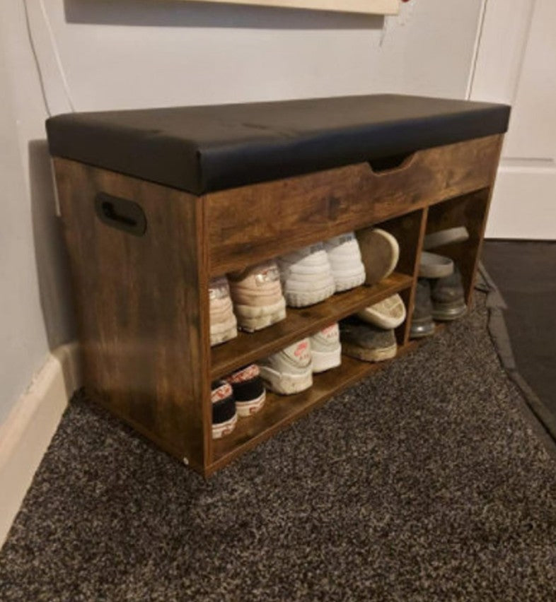 Rustic Shoe Bench Small Storage Cabinet with Cushion Seat. mc