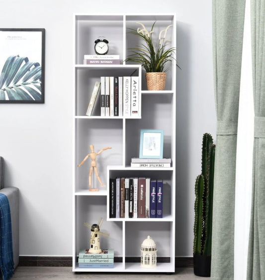 Tall Wooden Bookcase, Modern Room Divider with Display.  White