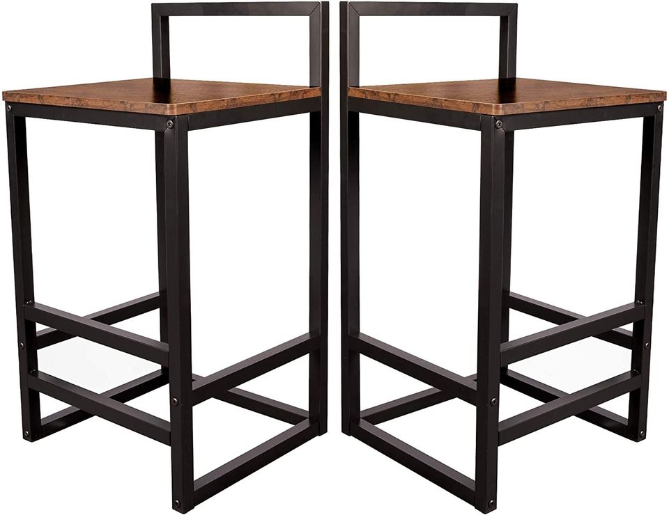 Industrial Style Set of 2 Barstools with Metal Low Backrest and Footrests