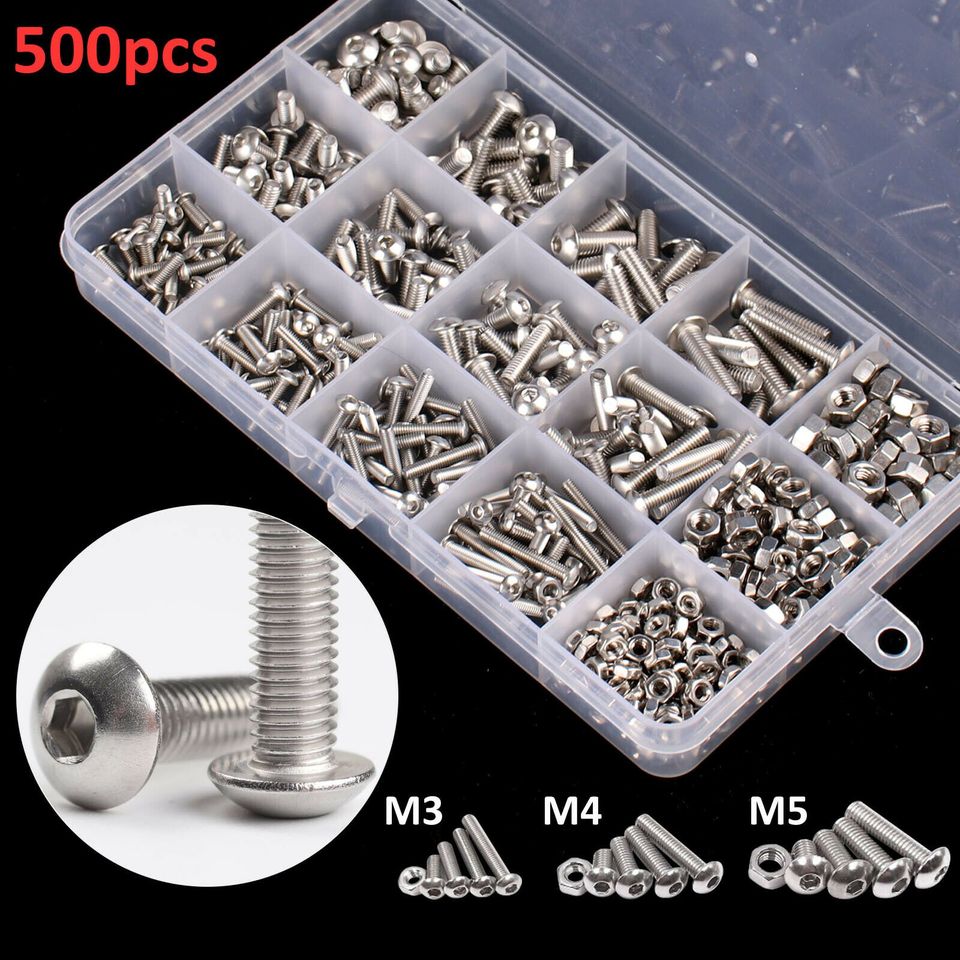 500 Pieces M3,4 and 5 Stainless Steel Hex Socket Nuts and Bolts