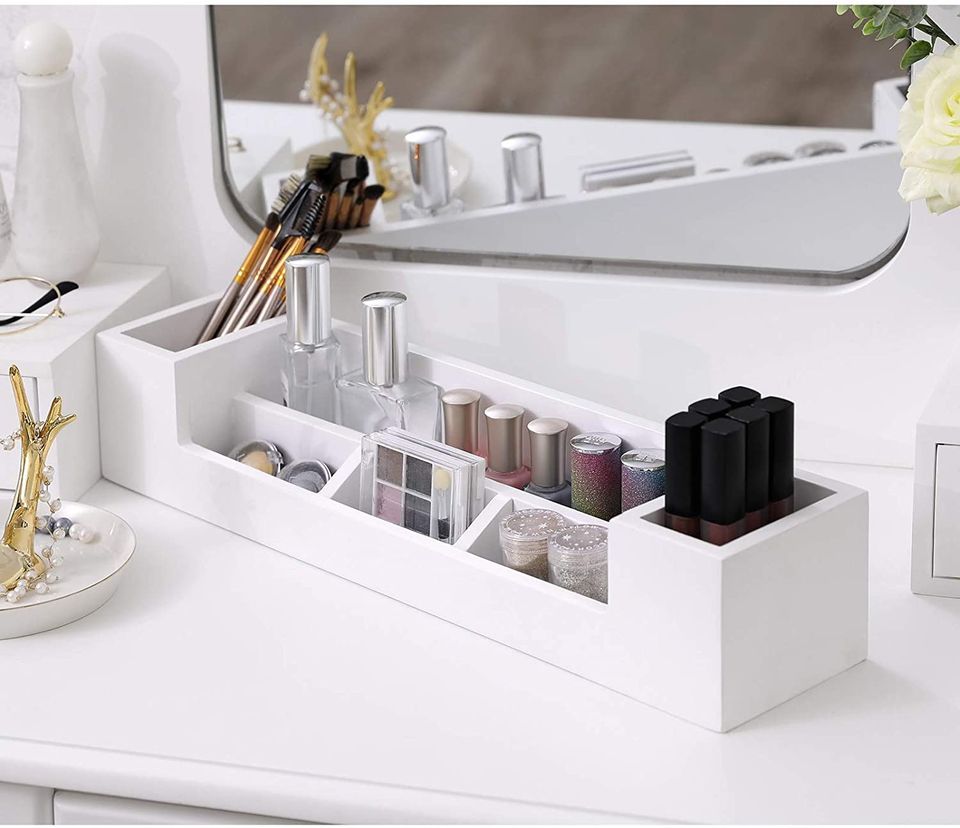 Bedroom Vanity Dressing Makeup Table Set with Frameless Mirror Storage Organiser Cushioned Stool