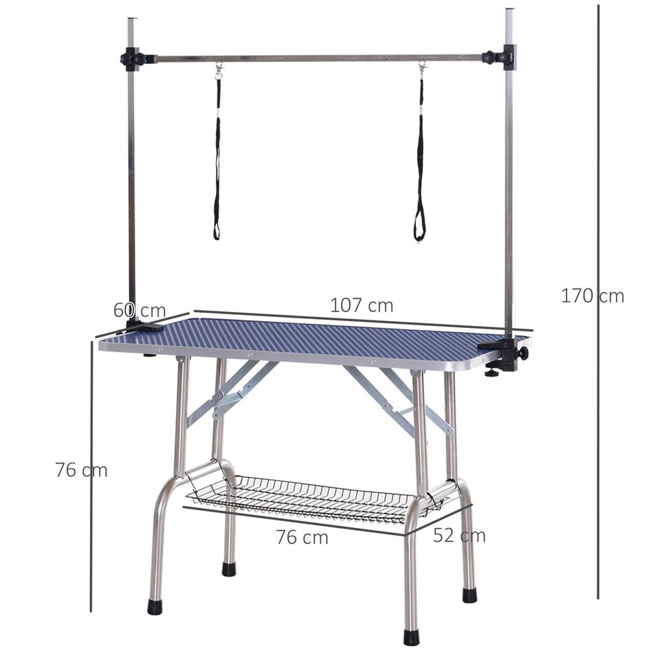 Metal Adjustable Dog Grooming Table with Rubber Top and 2 Safety Slings