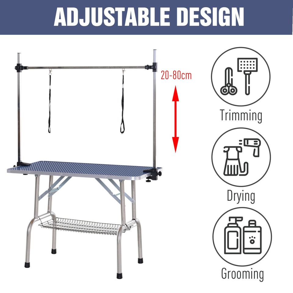 Metal Adjustable Dog Grooming Table with Rubber Top and 2 Safety Slings