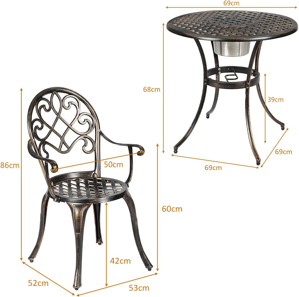 3 Piece Bistro Metal Dining Set, Garden Table and 2 Seaters