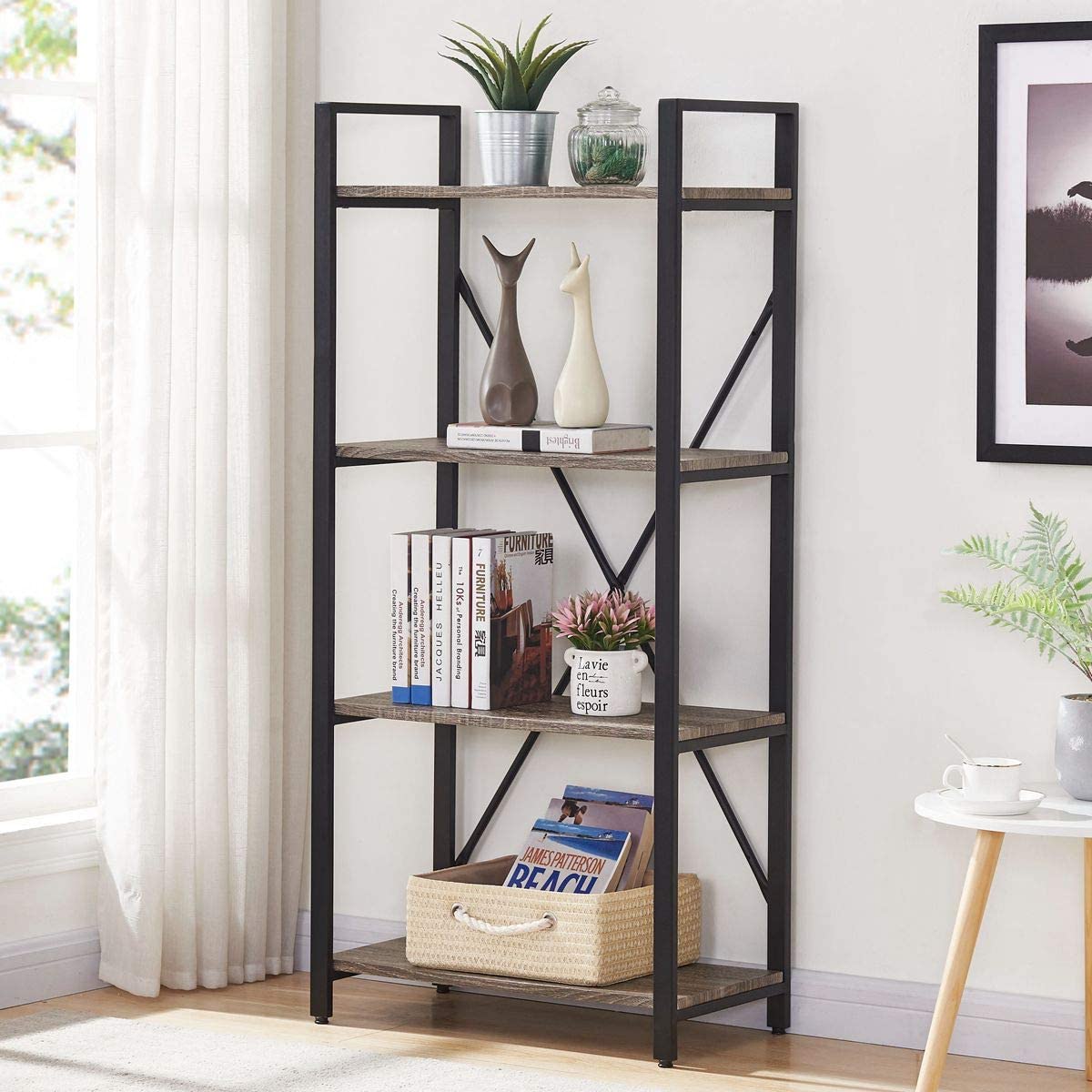 Industrial Tall 4 Tier Bookshelf, Metal and Wood Bookcase mc