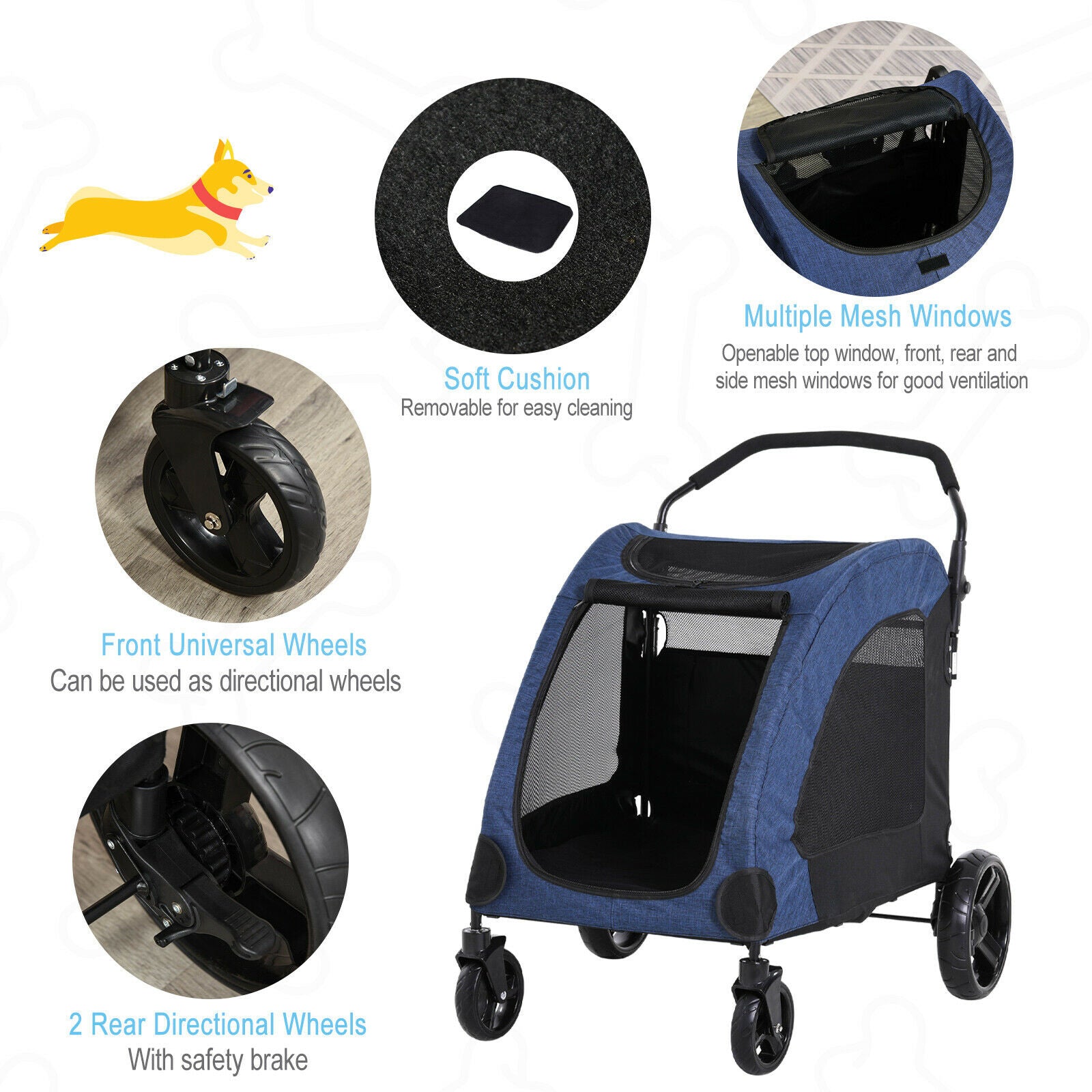 Dog Stroller with Mesh Windows 4 Wheels for Medium Large Dogs