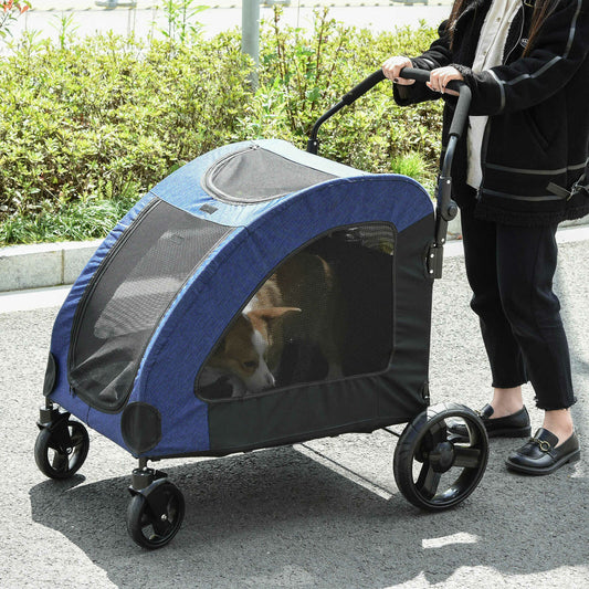 Dog Stroller with Mesh Windows 4 Wheels for Medium Large Dogs Cushion Blue