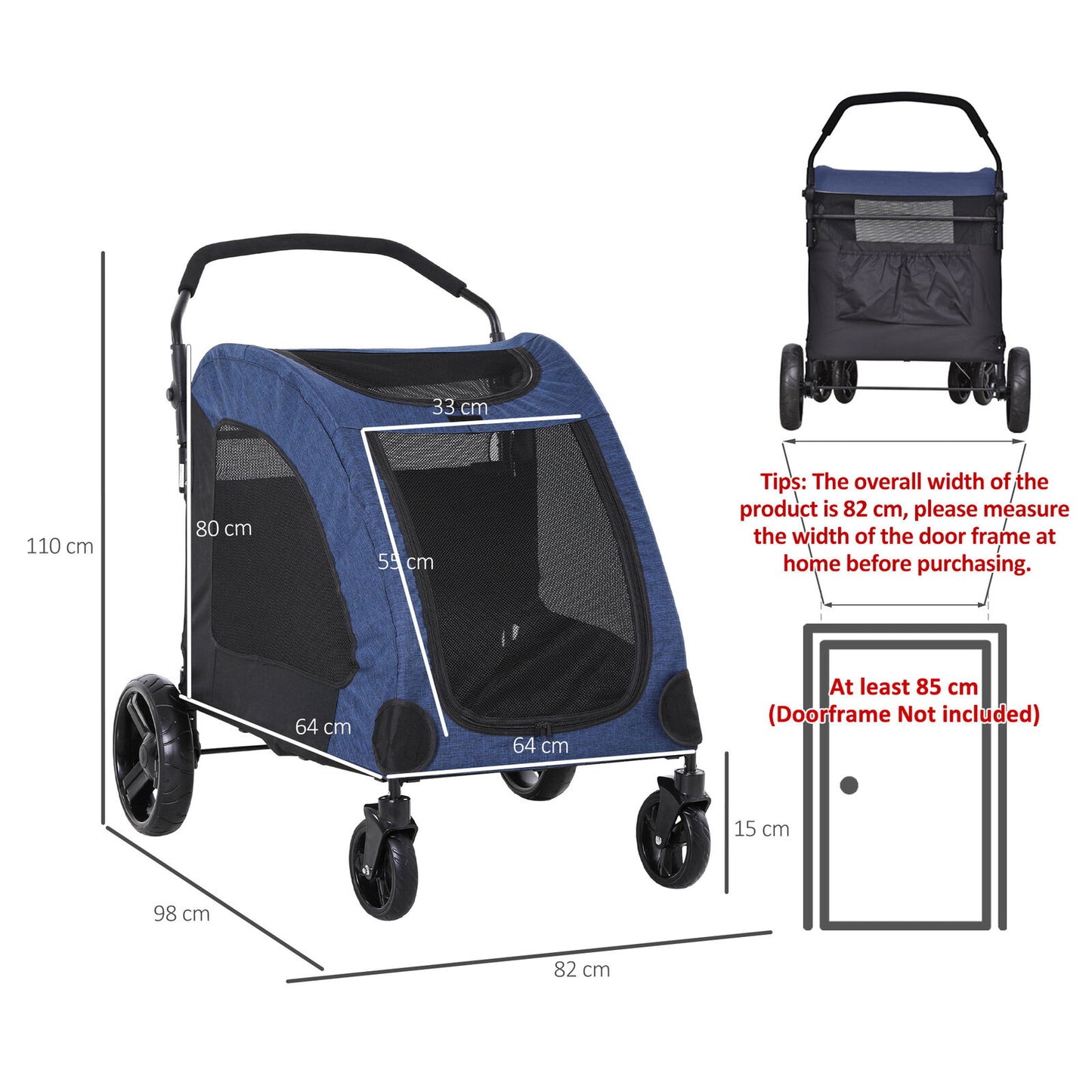 Dog Stroller with Mesh Windows 4 Wheels for Medium Large Dogs Cushion Blue