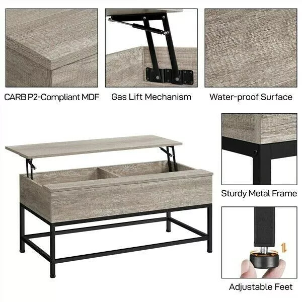 Industrial Split Lift-top Coffee Table with Storage & Metal Legs
